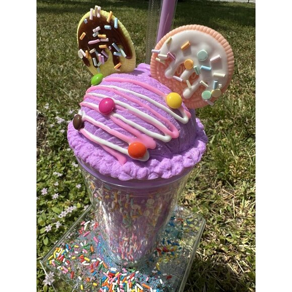 Purple 3D Cookie Ice Cream Sprinkle Cup 16oz Cold Beverage Straw & Lid Tumbler. - Picture 5 of 7